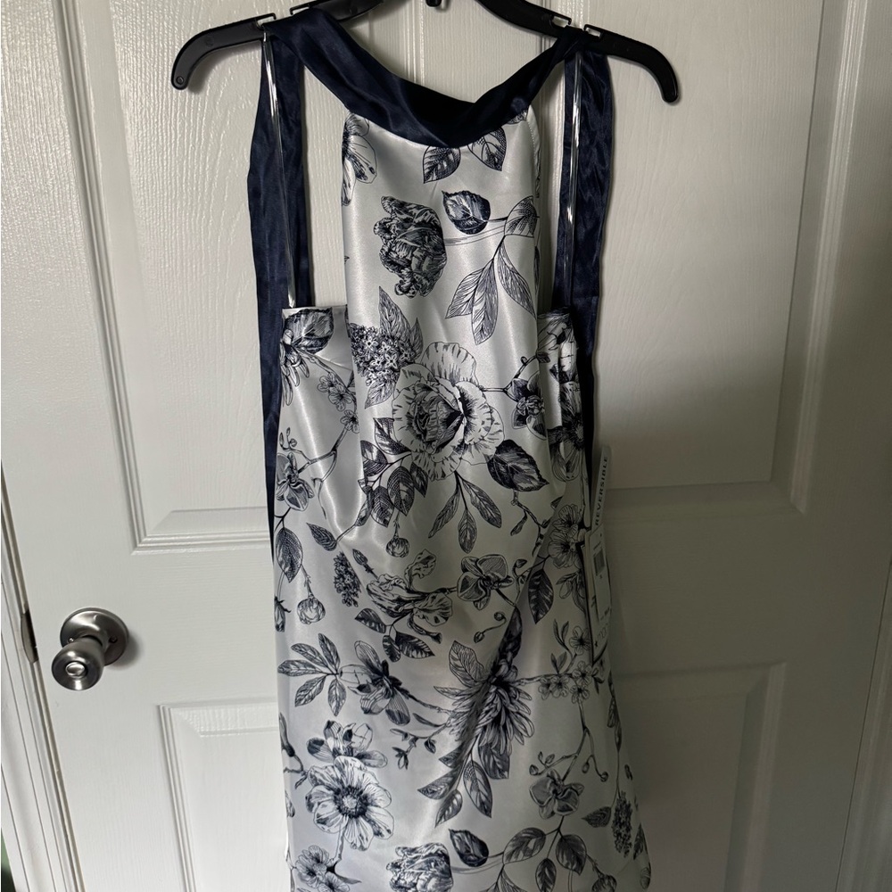 Floral Satin Midi Dress in White and Navy